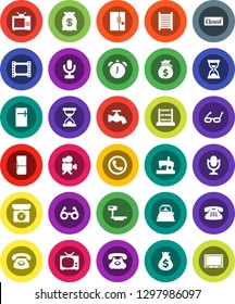 White Solid Icon Set- water tap vector, washboard, kettle, glasses, alarm clock, abacus, money bag, sand, phone, big scales, film frame, video camera, microphone, classic, fridge, tv, closed