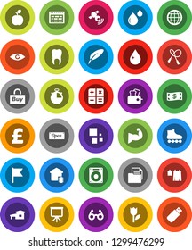 White Solid Icon Set- water drop vector, drying clothes, pen, glasses, apple fruit, schedule, presentation, flag, pound, stopwatch, jump rope, muscule hand, roller Skates, document, tulip, eye, cash