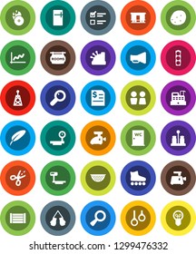 White Solid Icon Set- water closet vector, colander, spices, potato, pen, exam, graph, annual report, boxing glove, roller Skates, gymnast rings, traffic light, wood box, big scales, music hit, bulb
