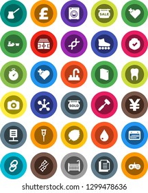 White Solid Icon Set- water drop vector, washing powder, tap, meat hammer, turk coffee, molecule, leaf, pound, yen sign, stadium, stopwatch, roller Skates, heart cross, calendar, port, document, dna