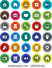 White Solid Icon Set- water tap vector, vacuum cleaner, welcome mat, bath, skimmer, double boiler, tv, home, key, chalet, garage, cushioned furniture, love, protect, washer, fridge, mixer, monitor