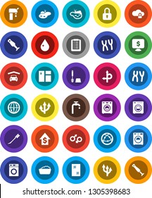 White Solid Icon Set- water drop vector, car fetlock, window cleaning, toilet brush, washer, foam basin, blender, dollar growth, monitor, route, internet, gender sign, chromosomes, cloud lock, arrow