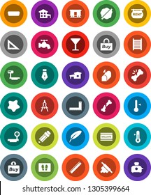 White Solid Icon Set- water tap vector, splotch, welcome mat, washboard, rolling pin, thermometer, pen, pencil, corner ruler, drawing compass, glass, big scales, Railway carriage, hdmi, broken bone