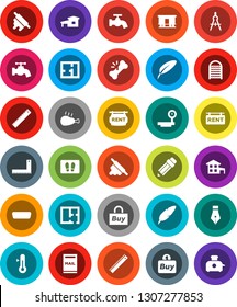 White Solid Icon Set- water tap vector, welcome mat, washboard, rolling pin, thermometer, chicken leg, pen, pencil, corner ruler, drawing compass, big scales, Railway carriage, hdmi, broken bone