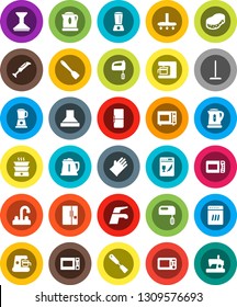 White Solid Icon Set- water tap vector, vacuum cleaner, mop, sponge, car fetlock, rubber glove, kettle, spatula, microwave oven, fridge, dishwasher, mixer, coffee maker, hood, blender, double boiler