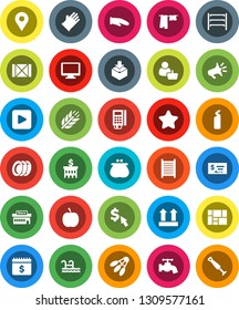 White Solid Icon Set- water tap vector, drying clothes, cleaning agent, rubber glove, washboard, plates, cook, check, bank building, dollar calendar, cursor, diet, cereals, shuttlecock, wood box