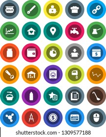 White Solid Icon Set- water tap vector, washing powder, cook hat, ladle, turk coffee, mixer, toaster, jar, pen, drawing compass, molecule, constellation, dollar coin, graph, wallet, calendar, bottle