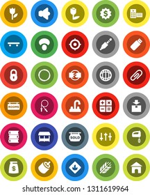 White Solid Icon Set- water tap vector, mushroom, book, world, target, dollar medal, jump rope, skateboard, cereals, hoop, tulip, package, flammable, speaker, settings, rca, jack, hospital building