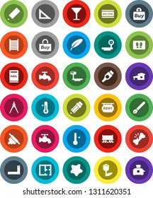 White Solid Icon Set- water tap vector, splotch, welcome mat, washboard, rolling pin, thermometer, pen, pencil, corner ruler, drawing compass, Railway carriage, glass, tulip, big scales, hdmi, plan