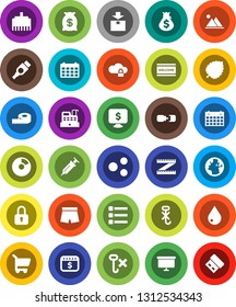 White Solid Icon Set- water drop vector, welcome mat, leaf, pie graph, money bag, presentation board, dollar calendar, monitor, measuring, shorts, earth, no hook, package, hdmi, syringe, cloud lock