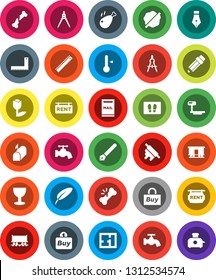 White Solid Icon Set- water tap vector, splotch, welcome mat, rolling pin, thermometer, chicken leg, pen, pencil, corner ruler, drawing compass, Railway carriage, glass, tulip, big scales, mailbox