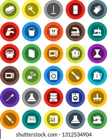 White Solid Icon Set- water tap vector, vacuum cleaner, fetlock, mop, bucket, sponge, car, washing powder, rubber glove, kettle, spatula, microwave oven, double boiler, fridge, washer, coffee maker