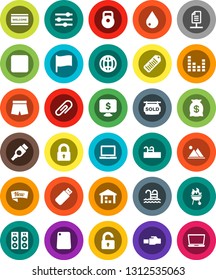White Solid Icon Set- water drop vector, welcome mat, cutting board, bbq, notebook pc, flag, monitor dollar, weight, shorts, pool, warehouse, barcode, equalizer, backward button, hdmi, lan connector