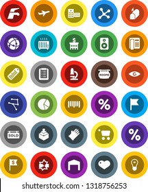 White Solid Icon Set- water tap vector, rubber glove, microscope, flag, pie graph, bank building, dollar, plane, package, barcode, speaker, heart, eye, hospital, connection, network, disconnection