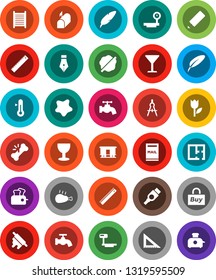 White Solid Icon Set- water tap vector, splotch, washboard, rolling pin, thermometer, chicken leg, pen, pencil, corner ruler, drawing compass, glass, tulip, big scales, Railway carriage, hdmi, plan