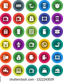 White Solid Icon Set- water tap vector, washboard, kettle, alarm clock, abacus, money bag, sand, big scales, film frame, tv, video camera, microphone, classic phone, fridge, closed, kitchen