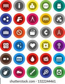 White Solid Icon Set- water tap vector, drop, shining, toaster, chicken leg, pen, drawing compass, backpack, tie, calendar, any currency, cent sign, prohibition, satellite, money, car, document, fan