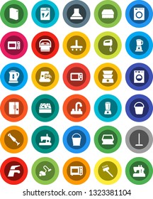 White Solid Icon Set- water tap vector, vacuum cleaner, mop, bucket, sponge, washing powder, kettle, microwave oven, fridge, washer, dishwasher, mixer, coffee maker, hood, multi cooker, blender
