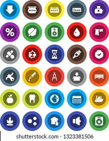 White Solid Icon Set- water drop vector, splotch, drying clothes, drawing compass, apple fruit, sand clock, arrow down, calendar, earth, satellite, ship, protected, flammable, speaker, hdmi, dropper