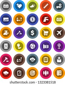 White Solid Icon Set- water tap vector, ruler, clipboard, dollar coin, investment, auction, man, sign, heart cross, plane, phone, calendar, tulip, package, route, connection, cloud exchange, sold