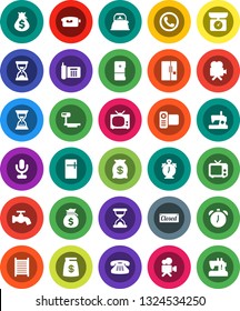 White Solid Icon Set- water tap vector, washboard, kettle, alarm clock, money bag, sand, phone, big scales, tv, video camera, microphone, classic, fridge, closed, kitchen, sewing machine