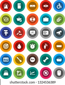 White Solid Icon Set- water drop vector, foam basin, kettle, spatula, case, telescope, alarm clock, graph, cereals, no fastfood, bone, hoop, calendar, hdmi, disabled, eye, diagnostic monitor, new