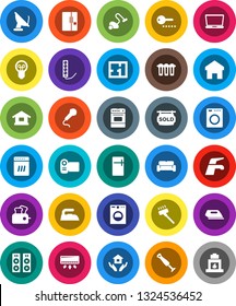 White Solid Icon Set- water tap vector, vacuum cleaner, iron, house hold, oven, home, plan, sold signboard, cushioned furniture, fridge, password, washer, dishwasher, toaster, blender, video camera