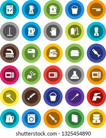 White Solid Icon Set- water tap vector, vacuum cleaner, fetlock, mop, bucket, sponge, car, washing powder, rubber glove, kettle, microwave oven, blender, washer, dishwasher, mixer, coffee maker