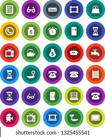 White Solid Icon Set- water tap vector, washboard, kettle, glasses, alarm clock, abacus, money bag, sand, phone, big scales, film frame, video camera, classic, tv, closed, fridge