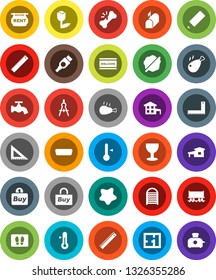 White Solid Icon Set- water tap vector, splotch, welcome mat, washboard, thermometer, chicken leg, pencil, corner ruler, drawing compass, Railway carriage, glass, tulip, hdmi, broken bone, cottage