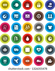 White Solid Icon Set- water drop vector, house hold, shower, garbage pile, magnet, molecule, cash, annual report, stopwatch, jump rope, hoop, gymnast rings, car, top sign, touchscreen, rec button