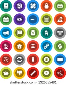 White Solid Icon Set- water tap vector, pan, bbq, ruler, backpack, cash, piggy bank, calculator, man, weight, jump rope, attention, loudspeaker, link, finger down, mail, patch, pills, microscope