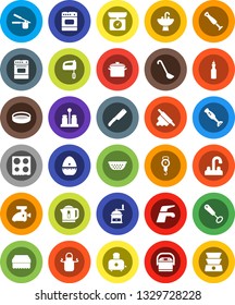 White Solid Icon Set- water tap vector, sponge, sink, pan, colander, scales, apron, cook timer, press, whisk, ladle, knife, rolling pin, hand mill, toaster, oven, spices, blender, sieve, oil, mixer