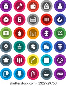 White Solid Icon Set- water drop vector, welcome mat, bath, toilet paper, cook hat, meat hammer, cereal, magnet, wallet, bank building, man, arrow down, roller Skates, signpost, no trolley, dropper