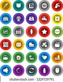 White Solid Icon Set- water tap vector, kettle, world, graph, man, presentation board, any currency, roller Skates, bottle, heart cross, satellite, document, weight, big scales, speaker, dropper