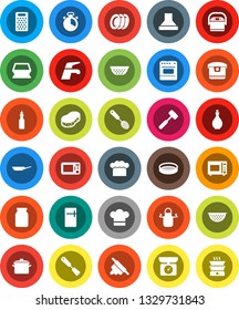 White Solid Icon Set- water tap vector, sponge, plates, pan, oil, colander, cook hat, apron, timer, skimmer, spatula, rolling pin, meat hammer, grater, microwave oven, sieve, jar, fridge, hood