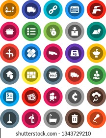 White Solid Icon Set- water tap vector, mop, trash bin, bath, sink, pan, cook glove, annual report, cent sign, fitness mat, route, money, client, car, calendar, consolidated cargo, package, weight