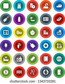 White Solid Icon Set- water tap vector, cutting board, grater, cereal, pencil, school building, world, gold ingot, coin stack, dollar medal, safe, measuring, stopwatch, jump rope, bottle, navigator