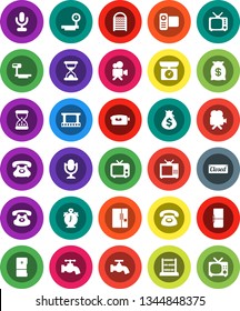 White Solid Icon Set- water tap vector, washboard, alarm clock, abacus, money bag, phone, big scales, film frame, tv, video camera, microphone, classic, sand, fridge, closed, kitchen