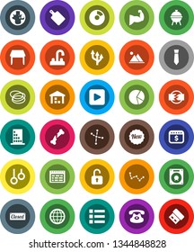 White Solid Icon Set- water tap vector, cutting board, bbq, schedule, world, constellation, pie graph, tie, dollar calendar, muscule hand, hoop, gymnast rings, warehouse, classic phone, play button