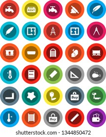White Solid Icon Set- water tap vector, splotch, washboard, rolling pin, thermometer, chicken leg, pen, pencil, corner ruler, drawing compass, Railway carriage, tulip, big scales, hdmi, mailbox, buy