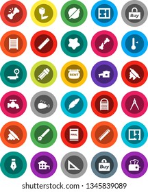 White Solid Icon Set- water tap vector, splotch, washboard, rolling pin, thermometer, chicken leg, pen, pencil, corner ruler, drawing compass, tulip, big scales, broken bone, cottage, mailbox, plan