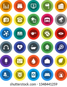 White Solid Icon Set- water drop vector, bath, mixer, bbq, cereal, cake, telescope, leaf, dollar flag, monitor, shorts, heart cross, consolidated cargo, oil barrel, music hit, camera, equalizer, eye