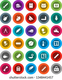 White Solid Icon Set- water tap vector, splotch, welcome mat, washboard, rolling pin, thermometer, chicken leg, pen, pencil, corner ruler, drawing compass, tulip, big scales, hdmi, broken bone, plan