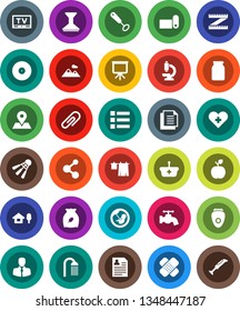 White Solid Icon Set- water tap vector, car fetlock, drying clothes, shower, whisk, jar, cereal, apple fruit, presentation, personal information, measuring, molecule, fitness mat, shuttlecock, disk
