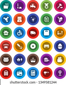 White Solid Icon Set- water tap vector, shining, toilet brush, washboard, cook timer, ladle, toaster, double boiler, cake, calculator, molecule, scales, medal, delivery, route, disk, disabled, bench