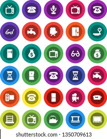 White Solid Icon Set- water tap vector, kettle, glasses, abacus, money bag, sand clock, phone, big scales, film frame, tv, video camera, microphone, classic, fridge
