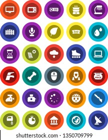 White Solid Icon Set- water tap vector, cleaner woman, mixer, table lamp, notebook pc, leaf, university, crisis, stopwatch, roller Skates, bone, microphone, monitor, pregnancy, sand clock, loading