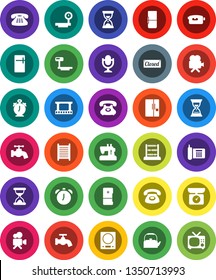 White Solid Icon Set- water tap vector, washboard, kettle, alarm clock, abacus, sand, phone, big scales, film frame, video camera, microphone, classic, fridge, closed, kitchen, sewing machine, tv