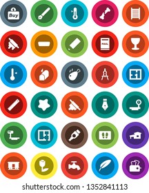 White Solid Icon Set- water tap vector, splotch, welcome mat, washboard, rolling pin, thermometer, chicken leg, pen, pencil, ruler, drawing compass, glass, tulip, big scales, Railway carriage, hdmi